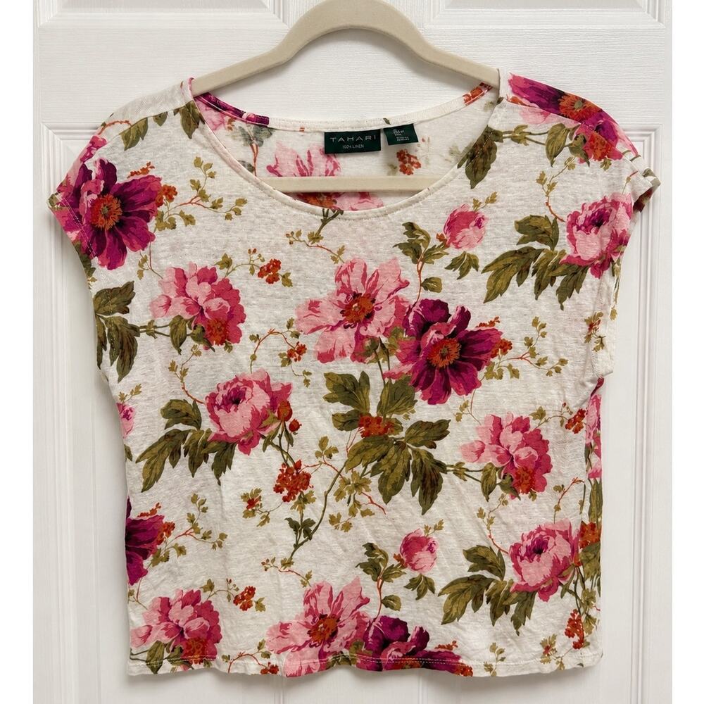 Tahari 100% Linen Floral Short Sleeve Top Size Large